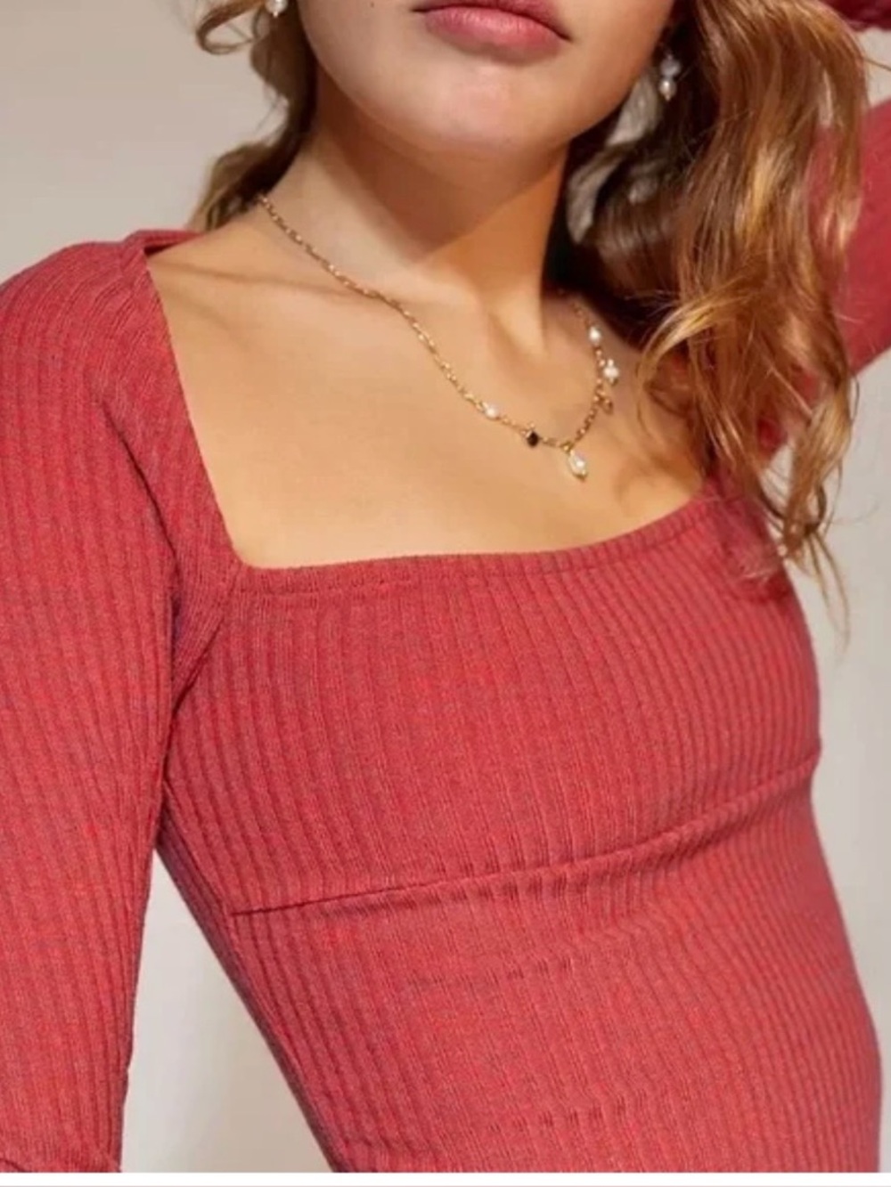 Urban Outfitters Orla Top Rust Ribbed Long Sleeve Square Neck Top